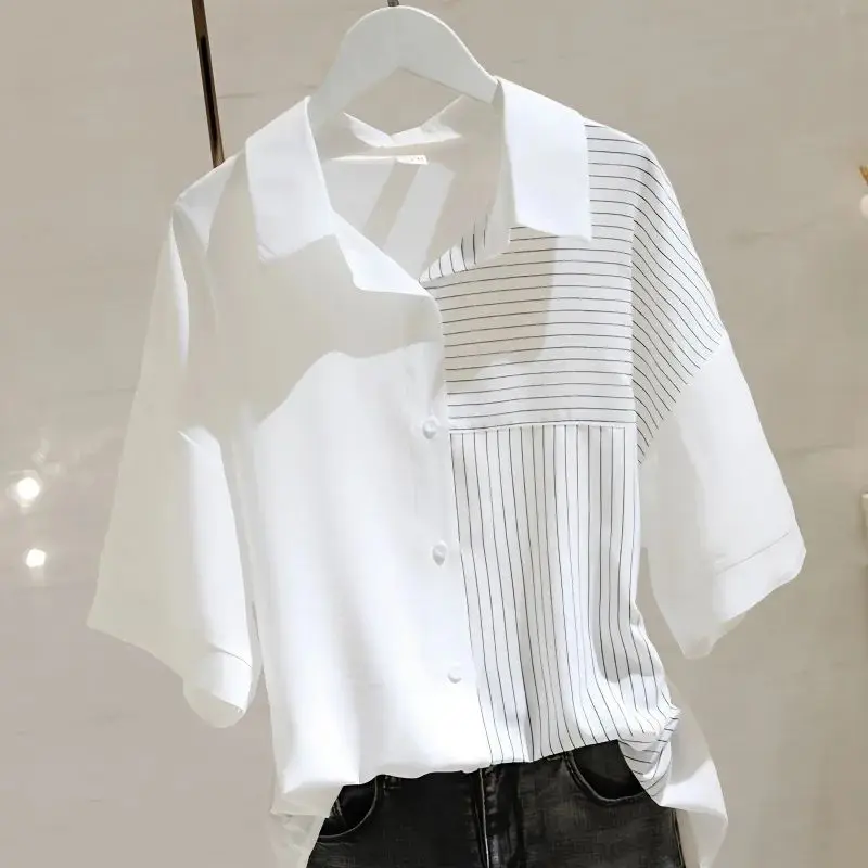 Summer New Korean Commute Loose Short Sleeve All-match Blouses Patchwork Stripes Polo-Neck Single-breasted Women's Casual Shirts