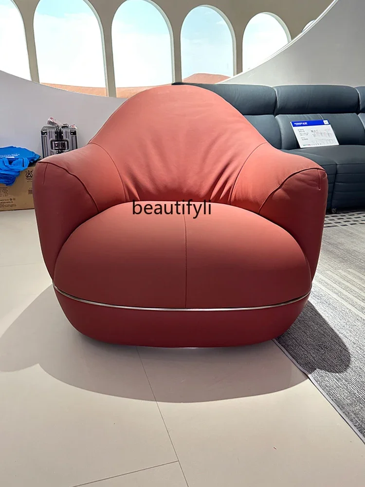 

xzSingle Leisure Lazy Bone Chair Living Room Full Leather First Layer Cowhide Single Rotating Chair Designer New Chair