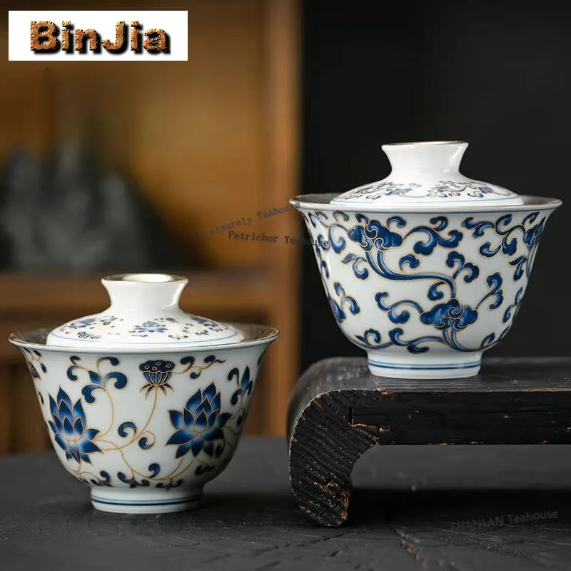 

160 мл Handamde позолоченный серебряный Гайвань Цзиндэчжэнь синий и белый фарфоровый чайный чайник крышка чаша чайная посуда коллекция подарок