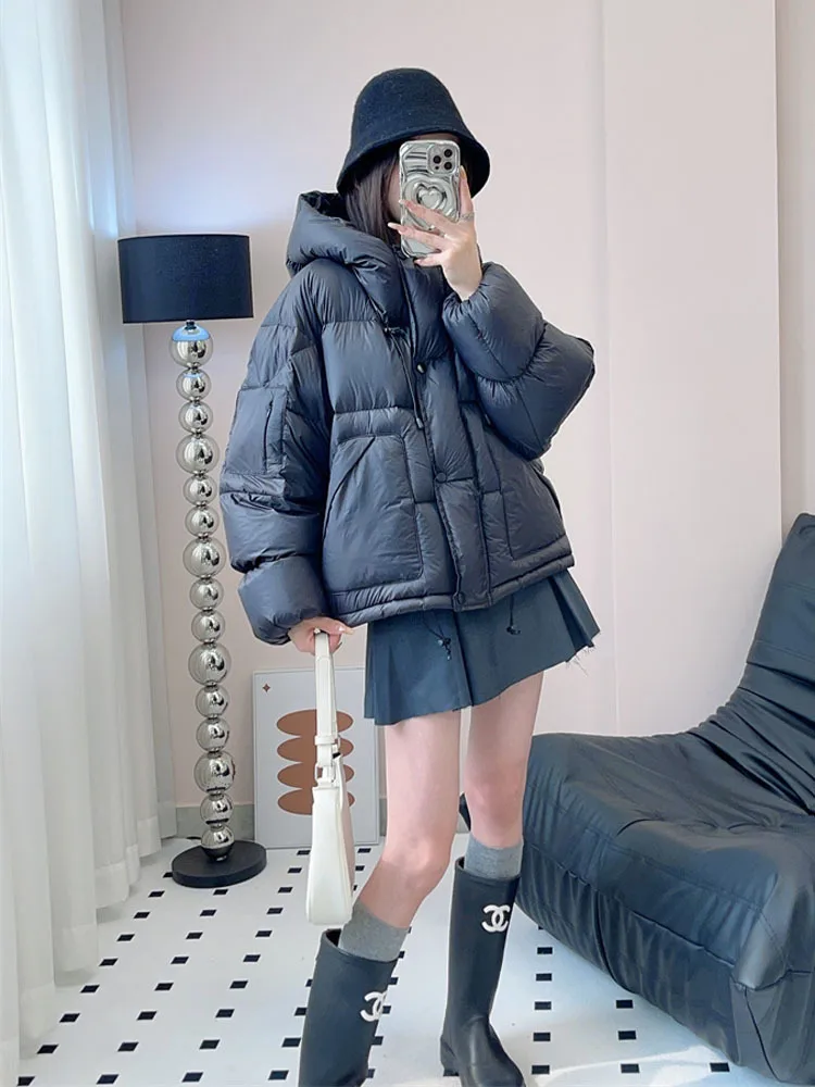 Korean Style Short Hooded Down Jackets Winter Solid Color White Duck Down Thicken Coats Casual Thermal Loose Female Outerwear