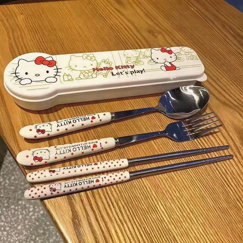 Juego de cucharas y palillos de Hello Kitty de dibujos animados, vajilla portátil de acero inoxidable para estudiantes, trabajadores de oficina, Viajes