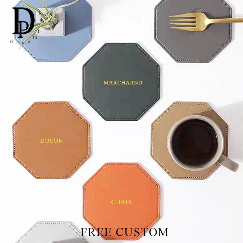 Custom Name PU Leather Coaster Engrave Gold Letters Luxury Hotel Cup Mat Wholesale Monogram Logo Wedding Gift Cafe Cup Pad Deco