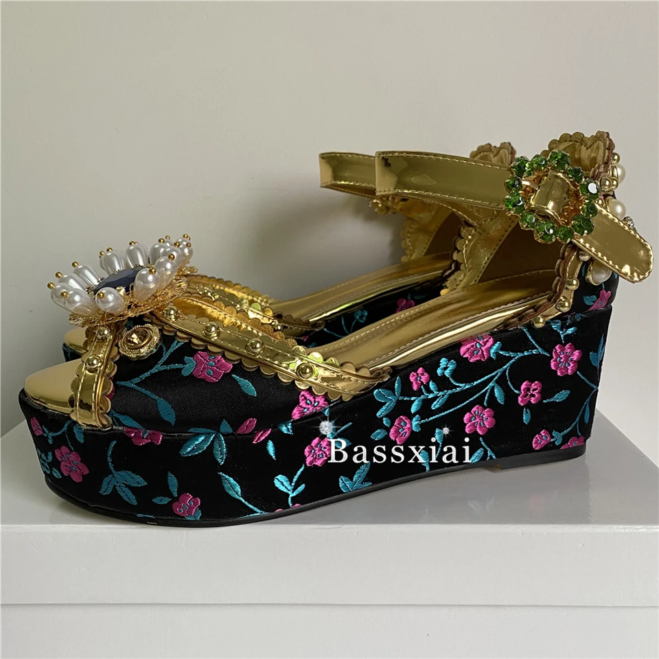 Luxury Embroidery Flower Satin Wedges Sandals Women High Platform Diamond Crystal Buckle Ankle Strap Summer Shoes