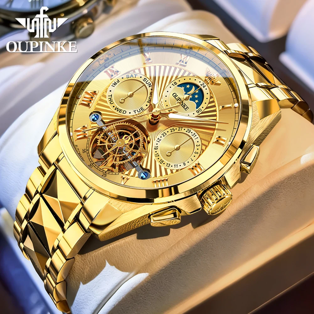 

OUPINKE Новые роскошные мужские часы из вольфрамовой стали с открытым механизмом, индикатором фазы Луны и календарем, высококачественные автоматические механические мужские часы 3322