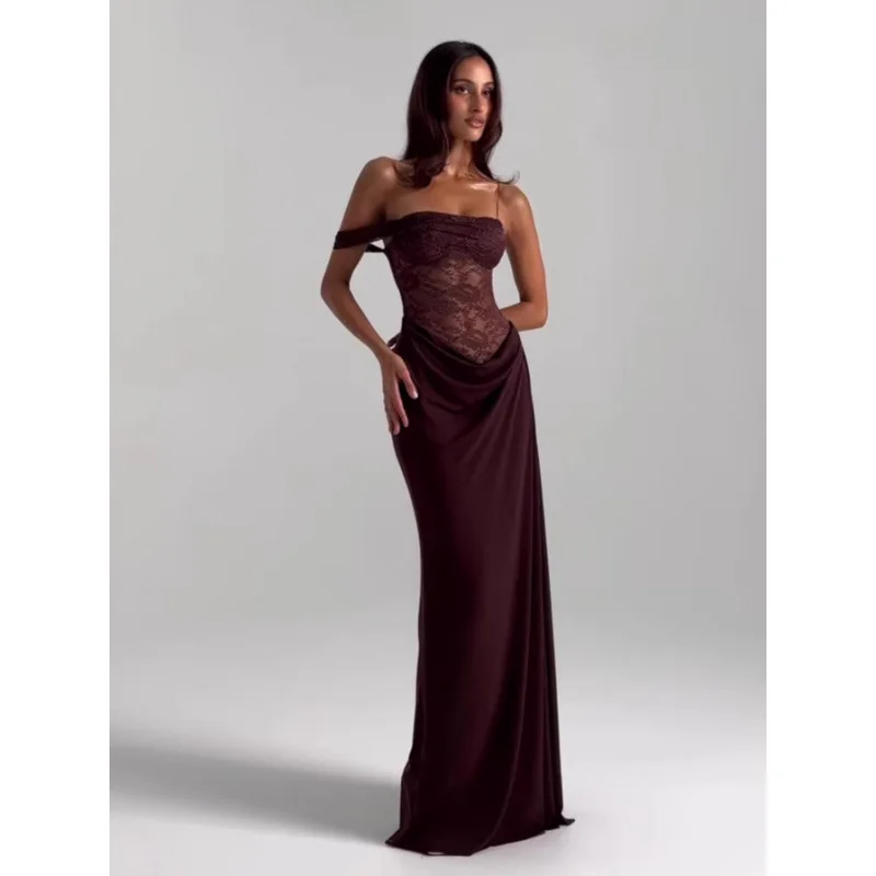 Nieuwe collectie off-the-shoulder kanten sensuele strapless jurk hoge taille uitgesneden lange lengte effen kleur jurk