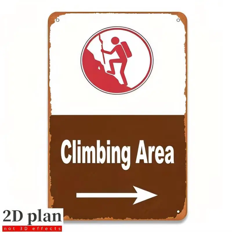 2D Flat Climbing Area Vintage Metal Tin Sign - Retro Rustic Iron Sign with Climber Icon & Arrow, Brown/White/Red, Perfect for Ho