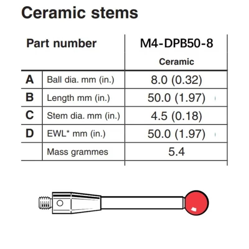 CNC  Probe Stylus_20mm Length-8mm Ruby Ball -Ceramic Rod-M4 Thread