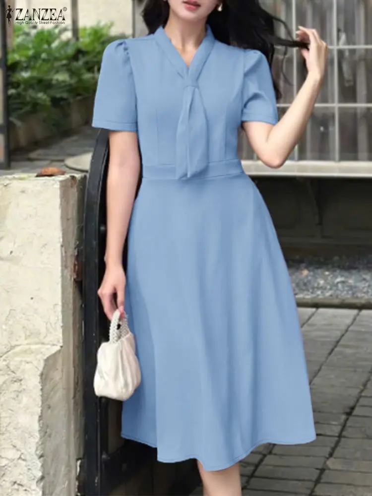 فساتين نسائية أنيقة للمكتب من ZANZEA لعام 2025 فستان حفلات برقبة على شكل V فستان صيفي أنيق بأكمام قصيرة منتفخة OL رداء ميدي للعمل