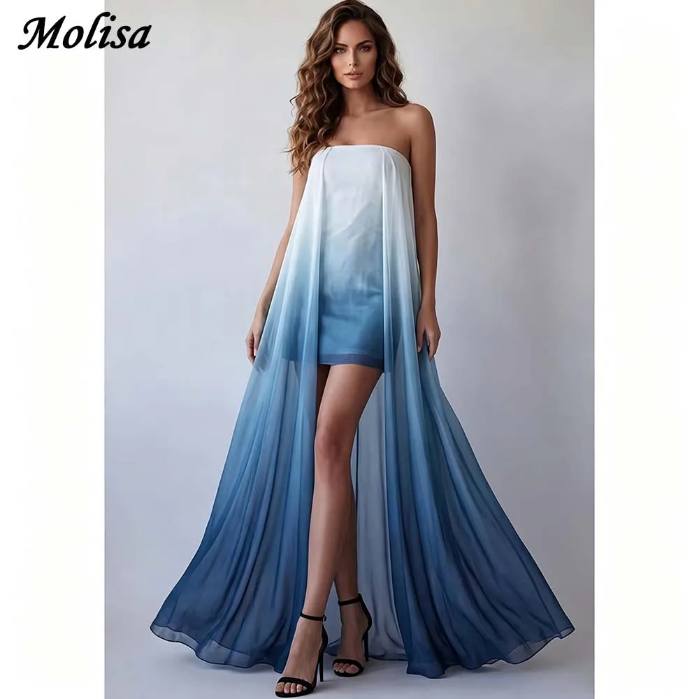 Bohemia Formelles Abendkleid mit Farbverlauf in Blau, asymmetrischer Saum, offener Rücken, knöchellang, Chiffon-Partykleid, individuell gestaltet