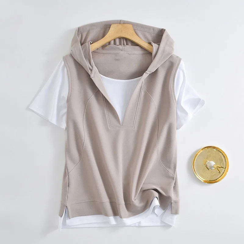 

Loose Short Sleeve Hoodie T-Shirt Women's Base Shirt Color Block Design Summer Slimming Top Korean Style Commute Fashion