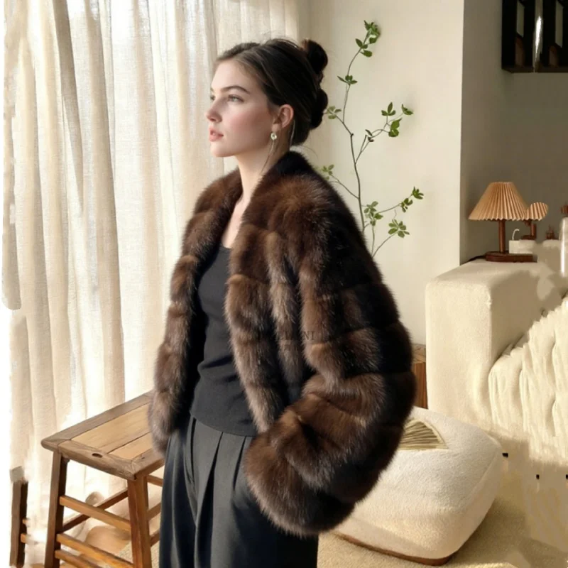 Women's Faux Sable Fur Coat Winter Luxury Short Cropped Jacket Loose Batwing Sleeve V Neck Warm Fluffy Fur Outwear Russian