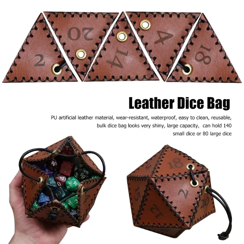 1 قطعة D20 كيس النرد النرد المضلع بولي Leather صناديق تخزين جلدية عززت حقيبة الرباط لعبة لعبة RPG ، ألعاب لوحة النرد DND