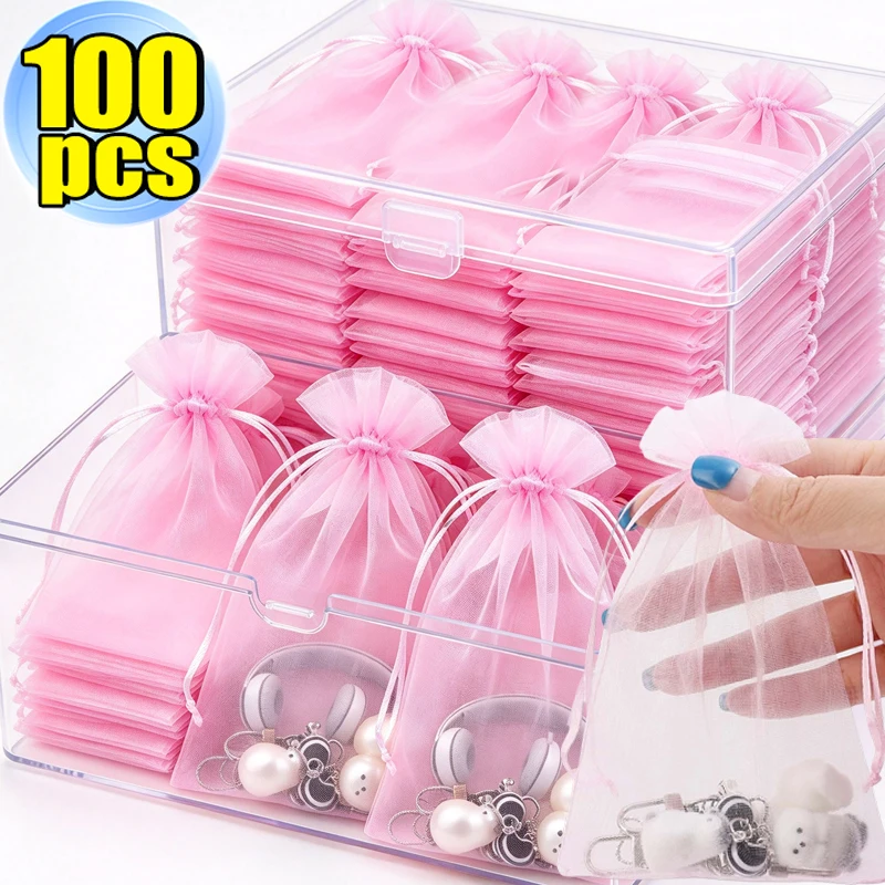 10-100pcs Jewelry Packaging Bag Organza Bags Pink Storage Wedding Drawstring Pouches Multi Size Small Medium Large Organza Bag