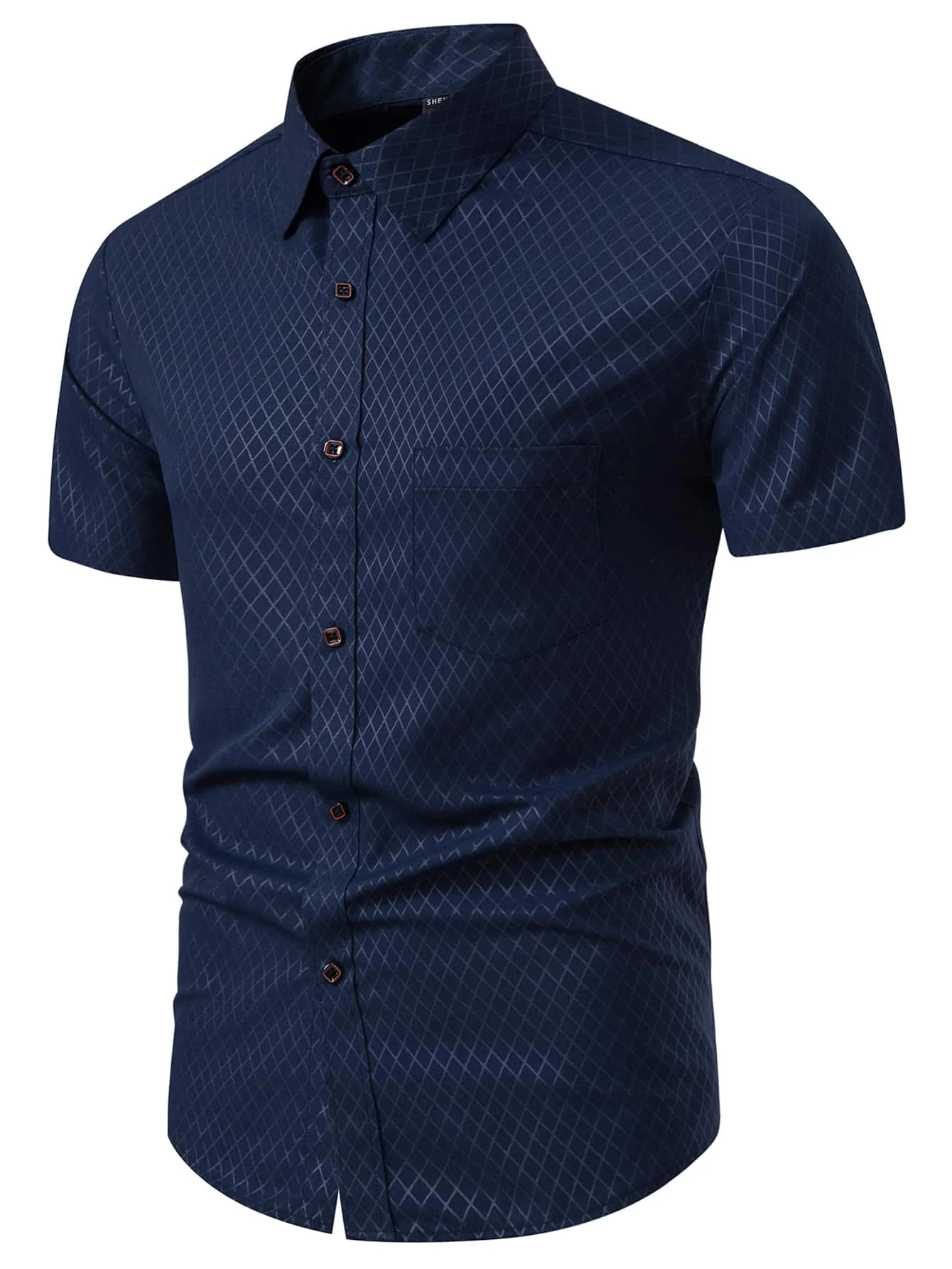 

Men's Navy Blue Short Sleeve Casual Shirt with Geometric Print