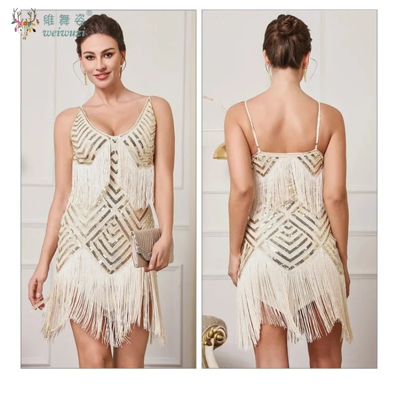 나이트 클럽 레트로 섹시 로우 컷 딥 브이넥 서스펜더 스팽글 술 드레스 열정적이고 제한없는 칵테일 파티 이브닝 ​​가운