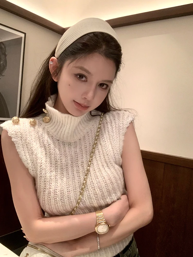 

Вязаный свитер Sister Titi, женский осенний бежевый сплошной верхний базовый слой, шерстяной свитер из полиэфирного волокна, облегающий крой