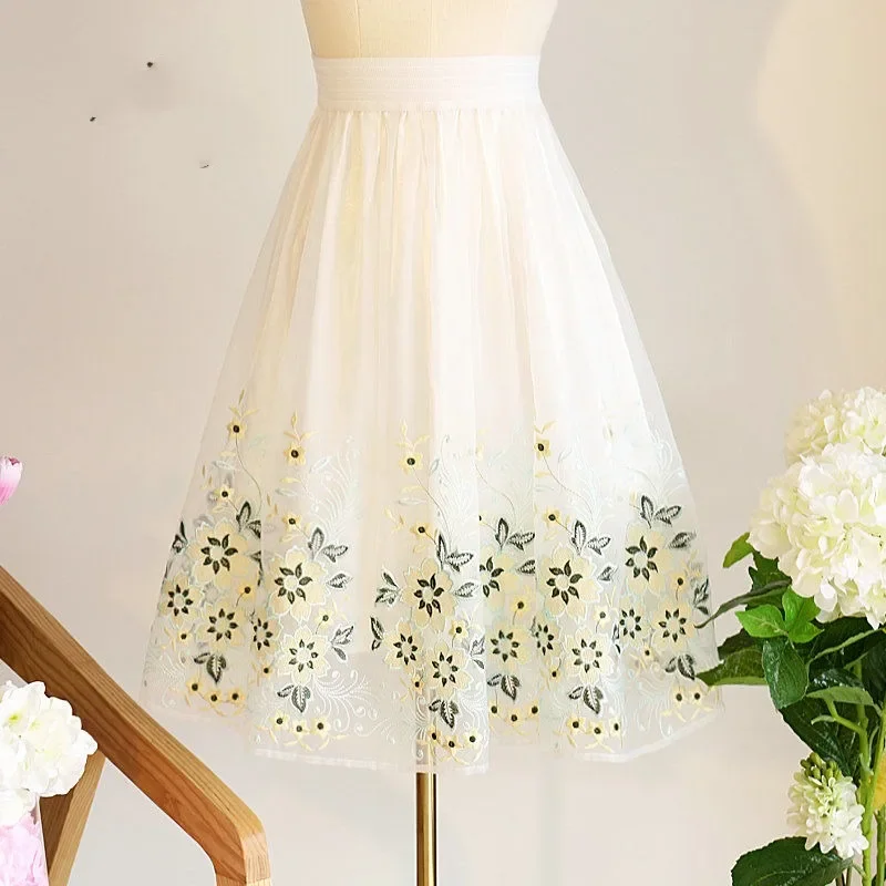 2024 Spring/Summer Fashion Women's Embroidered High Waist Elastic Slim Fit Sweet Mid Length A-line Fluffy Mesh Half Skirt Z209