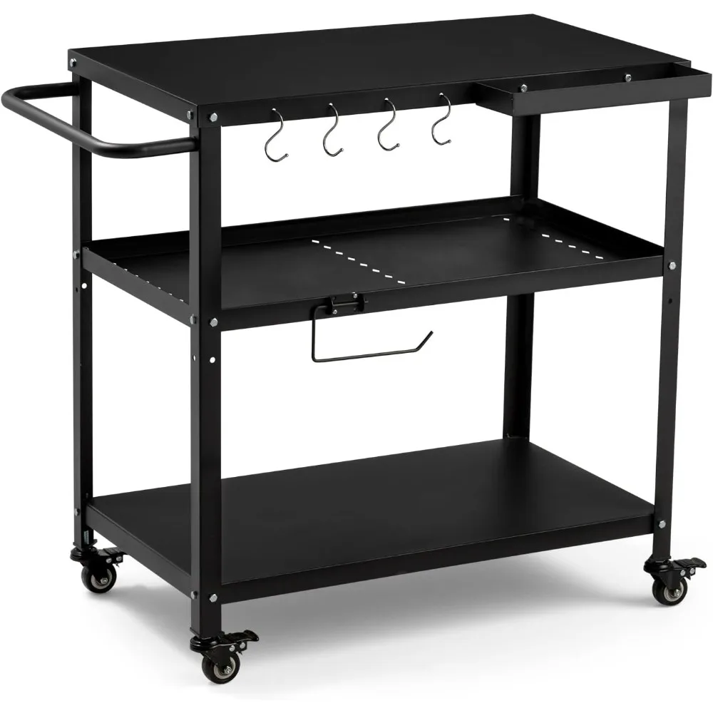 

Grill Cart Table,Indoor and Outdoor Pizza Oven Table,with 4 Movable Total Lock Casters, Hooks, Side Handle Multifunctional