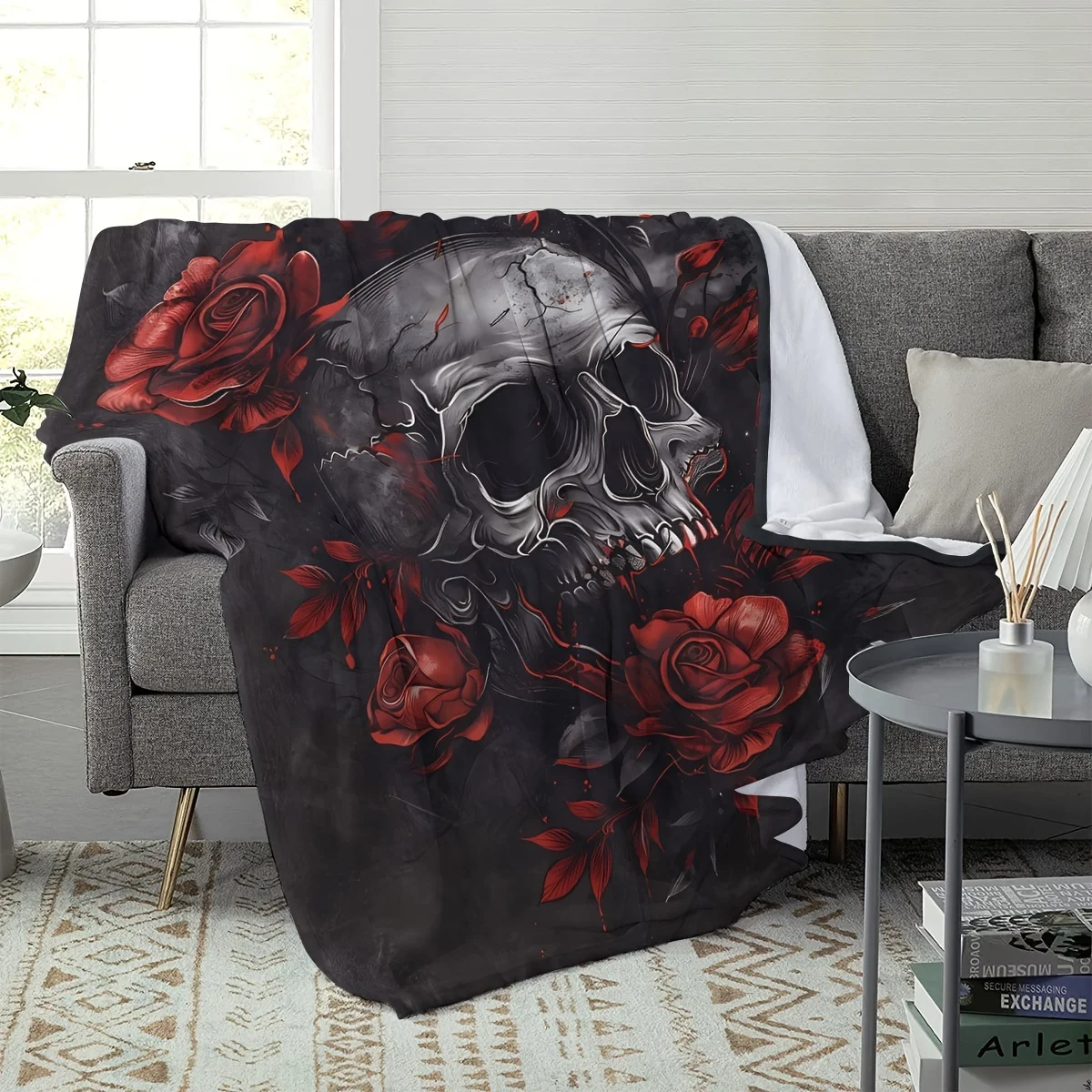 1pc Skull and Red Roses Printed Flannel Fleece Throw Blanket, Soft Comfortable Multi-Use Bedspread, Office Lap Cover, Home & Cam