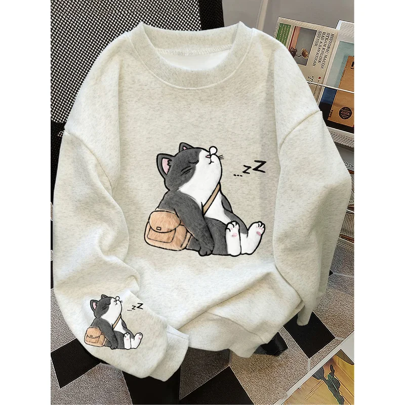 American Retro Style Fun and Cute sleeping cat Print Long-Sleeve Crew Neck Sweatshirt for Women, Unisex, Casual and Loose Fit