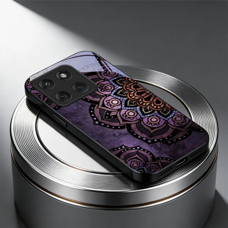 Purple Mandala Wallpaper Black Glass Phone Case For Motorola Moto Edge 60 70 20 Lite 30 Pro 40 50 Ultra G45 G54 G55 G75 84 Cover