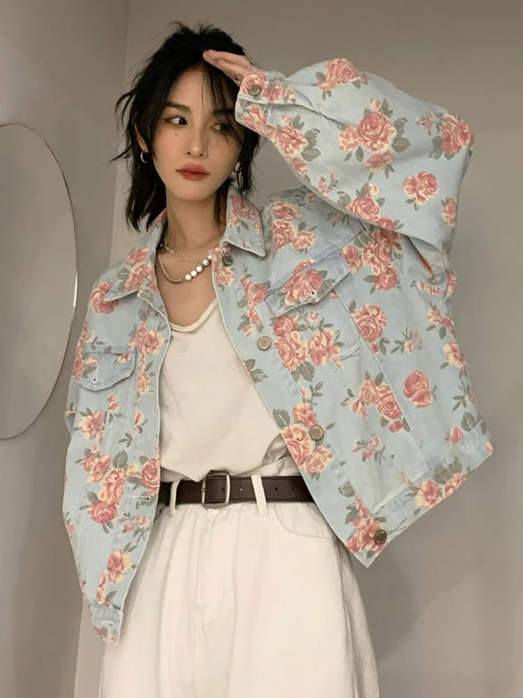 Jmprs Vintage Rose Floral Denim Jackets Women Korean Loose Elegant Short Coat Sweet Long Sleeve Casual Lady Retro Harajuku Tops