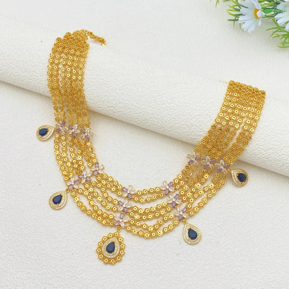 Flora Middle East Saudi Arabia Wedding Cubic Zirconia Set Gold-Plated Copper Women's Jewelry Earrings Necklace Ring Bracelet Set