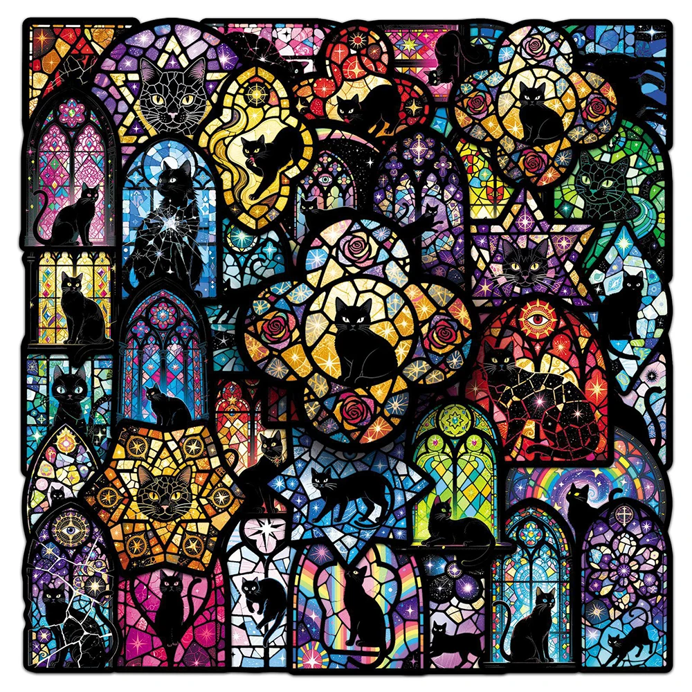 10/30/50 Stück bunte Glasfenster schwarze Katze Aufkleber Gothic Stil Graffiti Aufkleber Dekoration Gepäck Telefon Laptop Cartoon Aufkleber