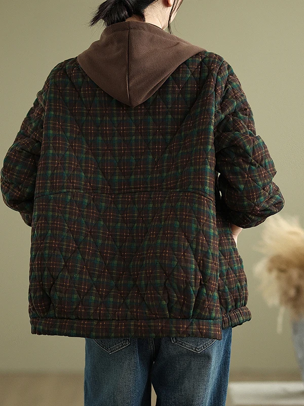 Retro-Kapuze Faion Loose Cotton Jaet Damen 2025, Herbst-Winter, High-End-koreanische Sle, große Größe, bedrucktes Rautenmuster...