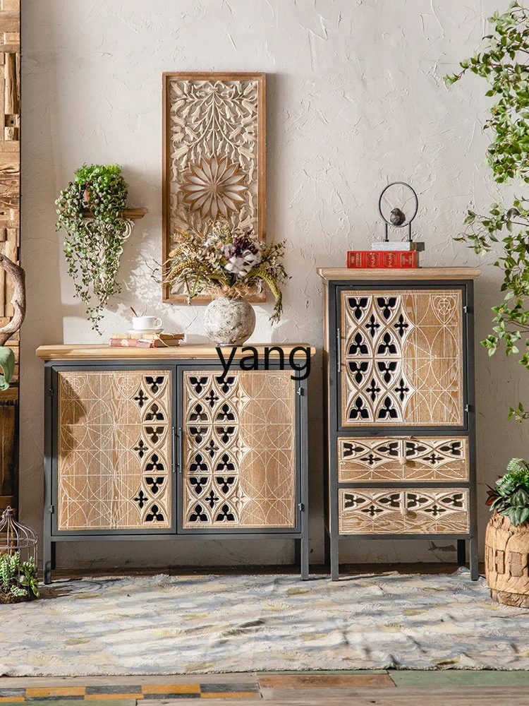 Yjq Home Entrance Cabinet Front Door Corridor Home Living Room Wall Retro Iron Art Sideboard Cabinet Solid Wood