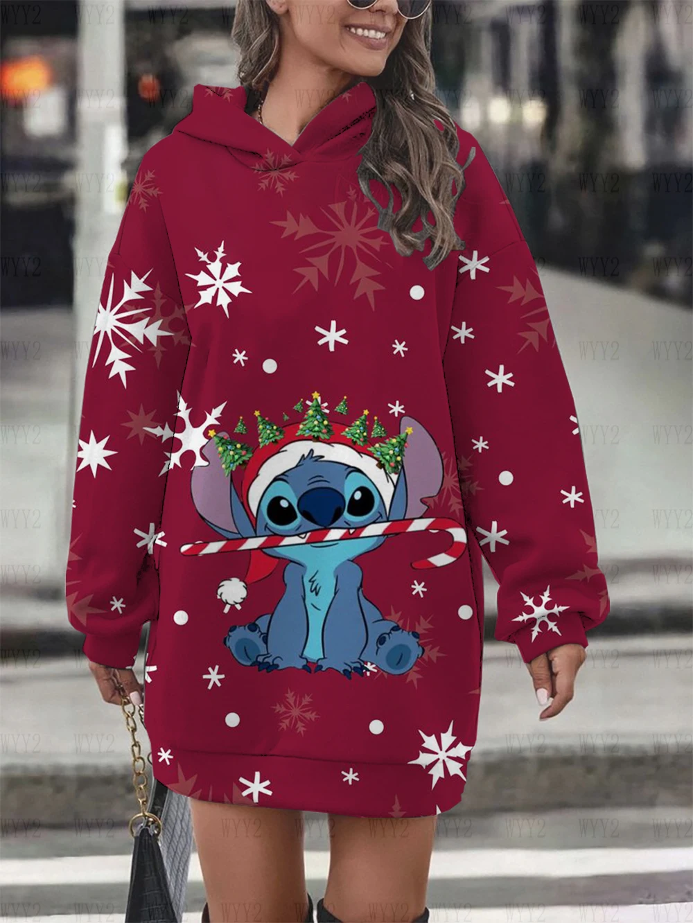 Winter Women\'s Clothing Disney Christmas Stitch Print Pullover Sweatshirt Women\'s Party Dress Fashion Street Style Sweatshirt