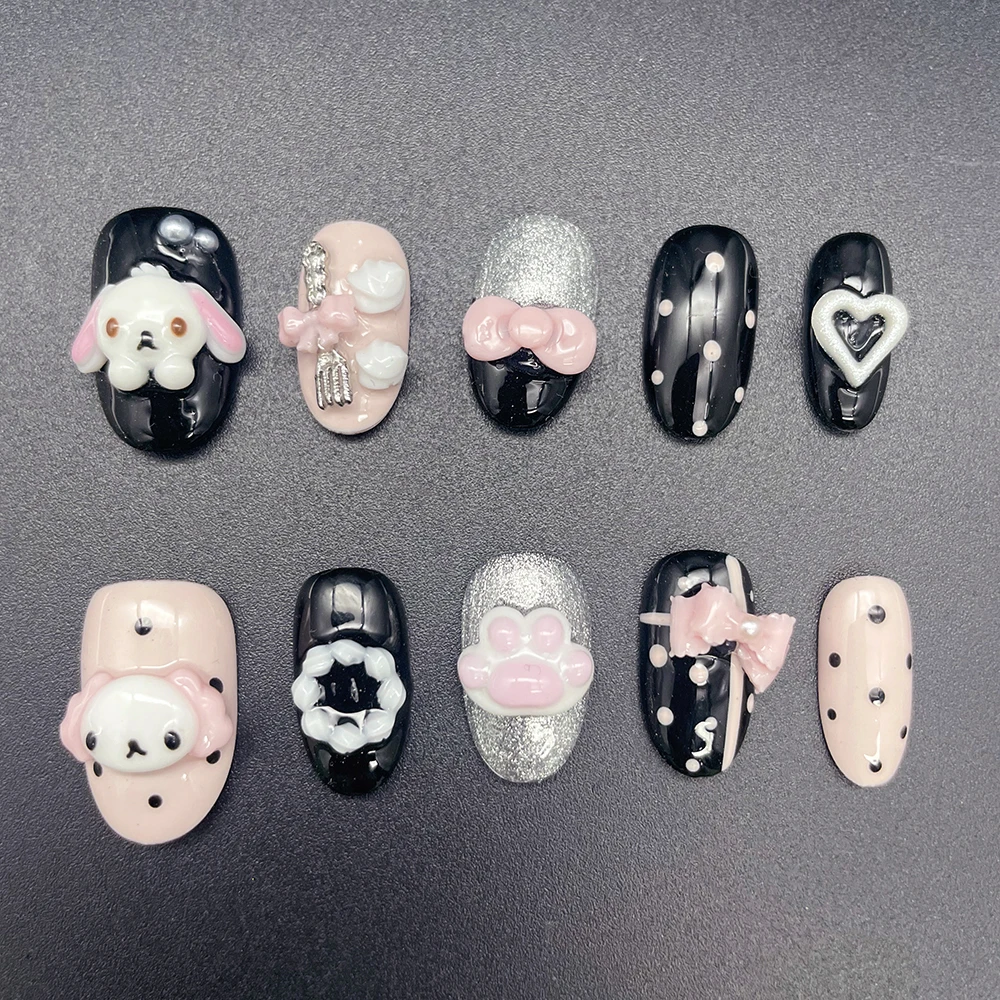 Kawaii Rabbit Bear Chocolate Cream Design Press On Nails Short Round Shape Cute Pink Sweet Cookie 3D Doll Cartoon Fake Nails view 5