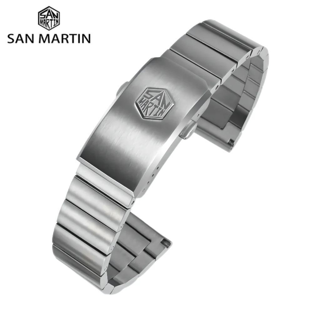 San Martin Bracelet High Quality 316L Solid Stainless Steel Watch Parts Two Links Flat Ends 20mm Brushed Clasp Universal Strap