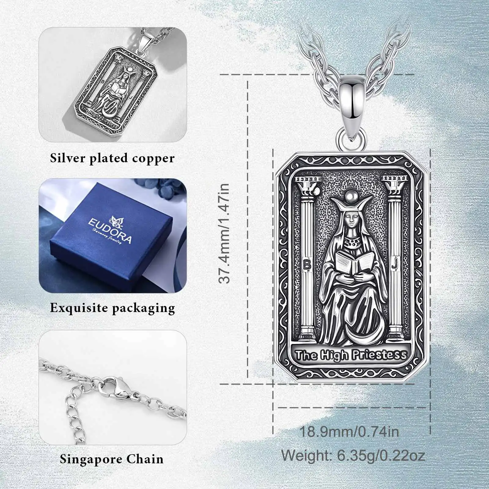 Eudora Copper Tarot Cards Necklace The High Priestess Amulet Vintage Major Arcana Divination Pendant Spiritual Jewelry Man Gift