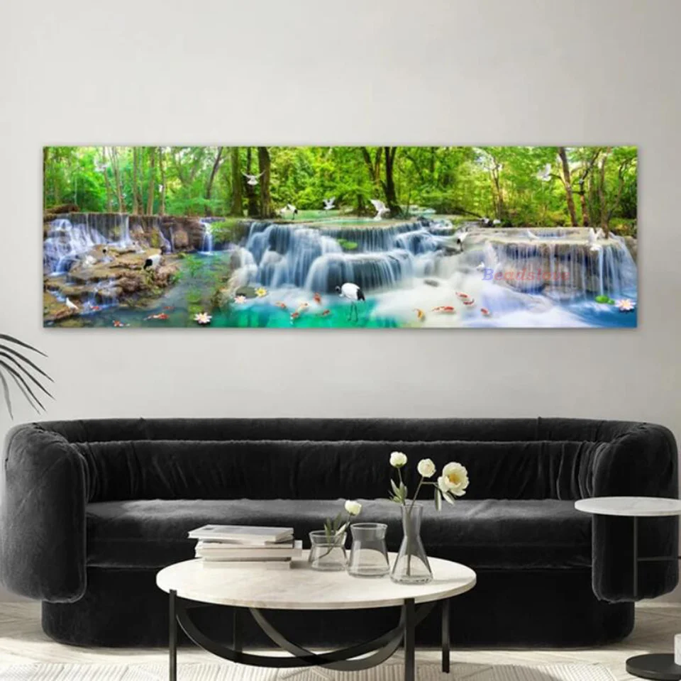 Large Size Lake Waterfall Landscape Diy Diamond Painting Full Diamond Mosaic Needlework Swan Fish 5D Diamond Embroidery W381