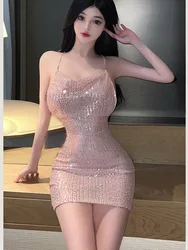 Female Sexy Shining Nightclub Hot Temptation Open Back Dress Elegant Gold Sweet Mini Dress Hot Sexy Sequin Tops 2024 New 1NSA