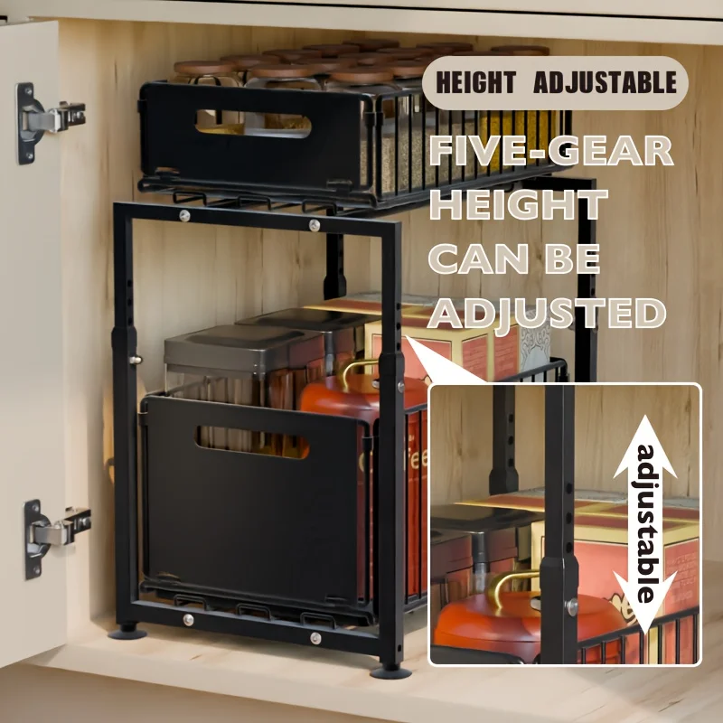 

Черная двухуровневая регулируемая полка-органайзер для кухонного шкафа, выдвижная корзина для хранения специй, бутылок, банок — компактная кладовая