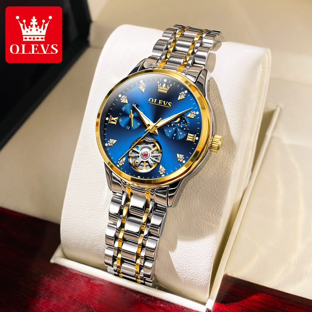 

OLEVS 6608 Elegant Luxury Skeleton Mechanical Watch Waterproof Luminous Moon Phase Date Watches for Woman Box Gift Reloj