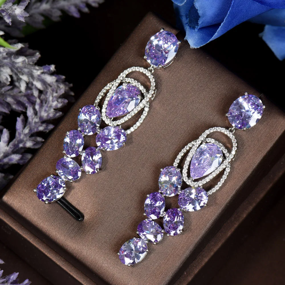 HIBRIDE Chic Europe Royal Cubic Zircon Light Blue Long Water Drop Dangle Earrings For Women Engagement Wedding Jewelry E-495