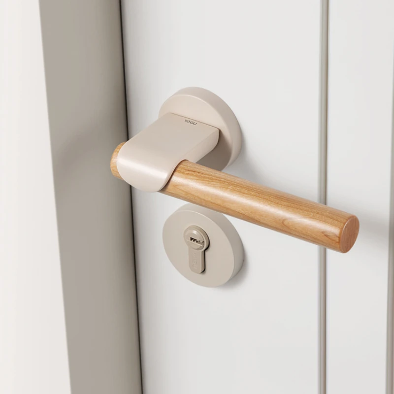 Door lock beige cherry wood door handle Indoor bedroom door lock Simple solid wood door lock