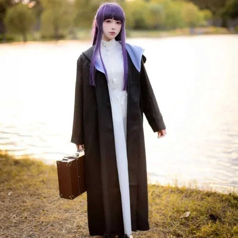 

Anime Frieren: Beyond the End of the Journey Samambaia Cosplay Costume Purple Wig Long White Dress and Black Robe Headwearx;2,f;