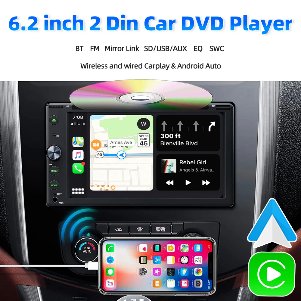 

Multifunctional Double Din Car Audio 6.2in Touch Screen CD DVD Playback USB TF AUX FM AM Receiver