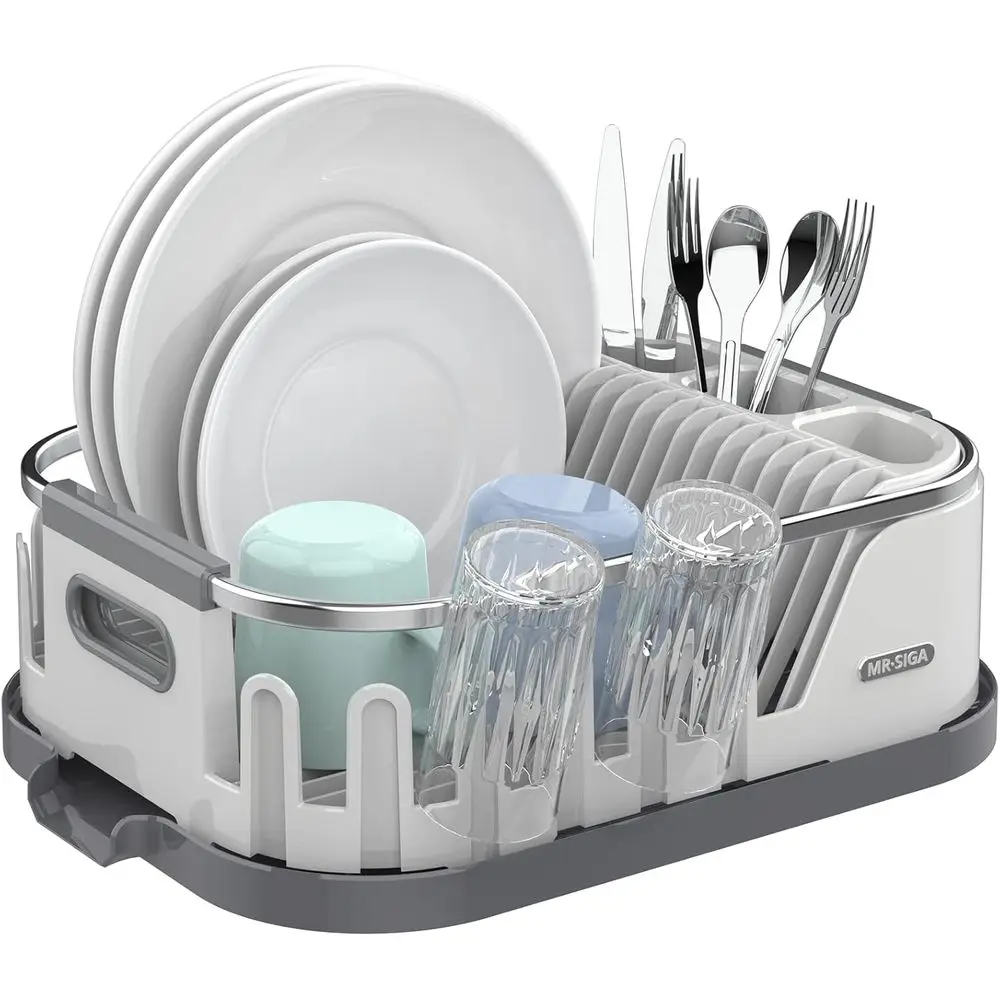 

Compact Dish Drying Rack with Drainboard, Utensil Holder, and Cup Rack, White