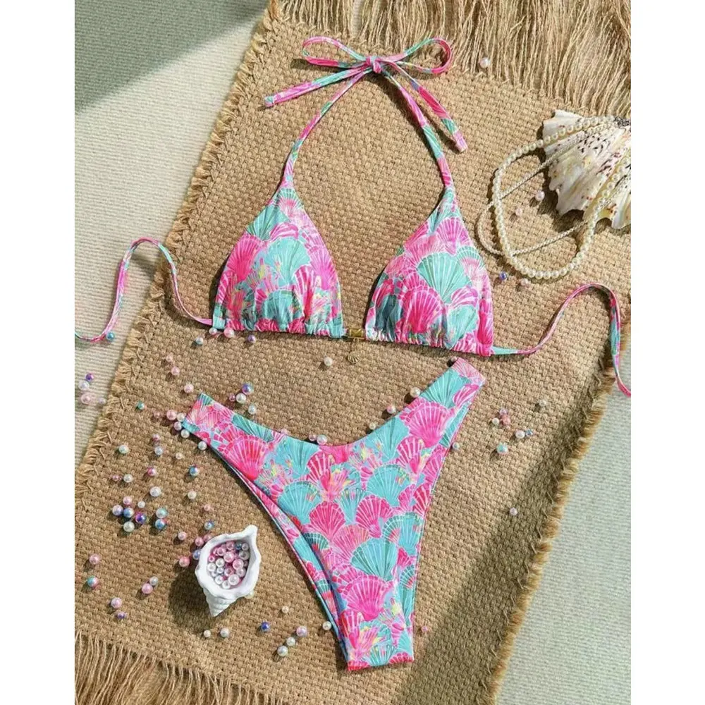 

Сексуальное бикини со шнуровкой и принтом, комплект из 2 предметов, женский купальник-бикини с разрезом для пляжного отдыха, новинка 2025 года, летний купальник, комплект бикини