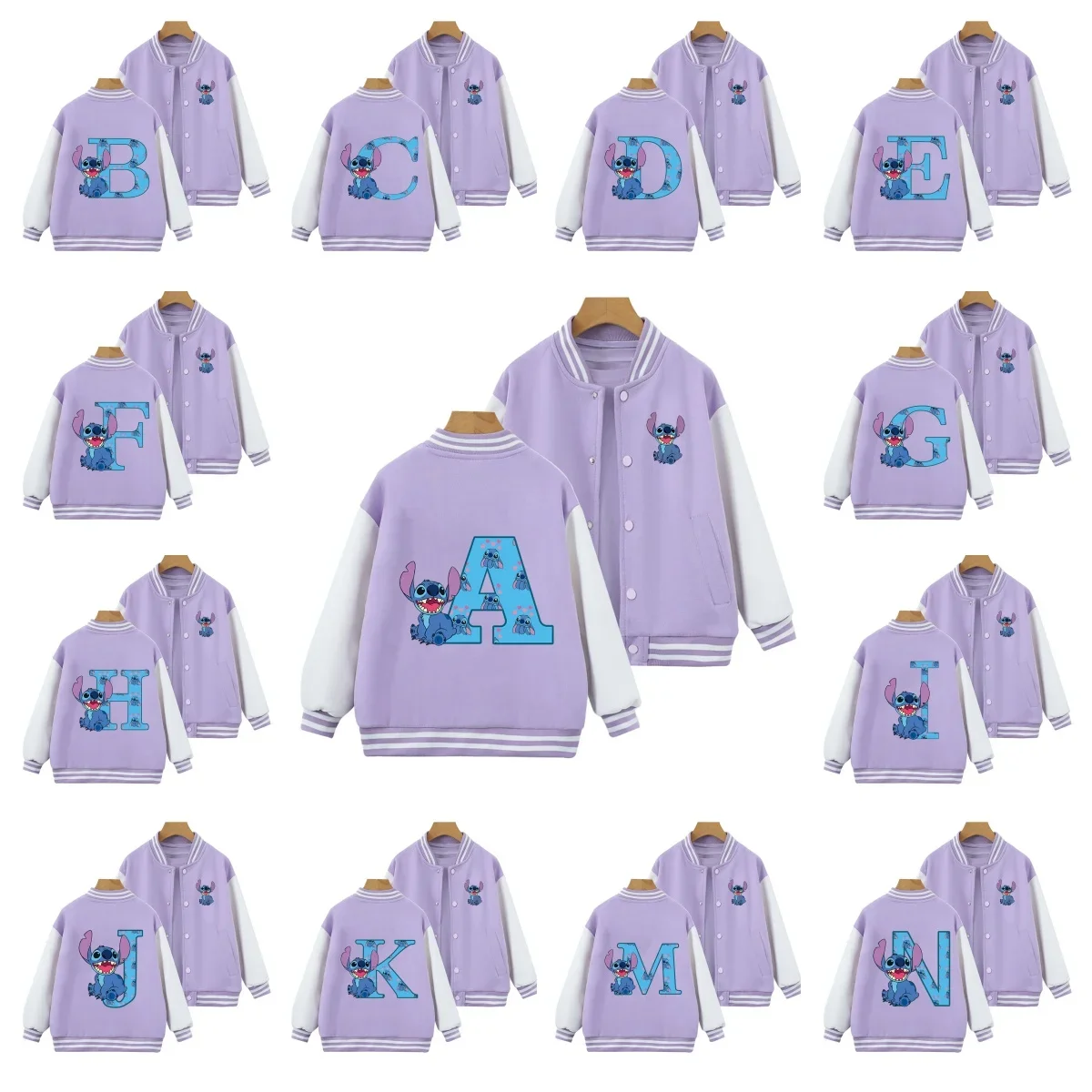 

New Kawaii Children Stitch baseball uniform Stitch Letter ABCD Fashion Anime Manga Cartoons Girls Boy Kids Casual outer jacket