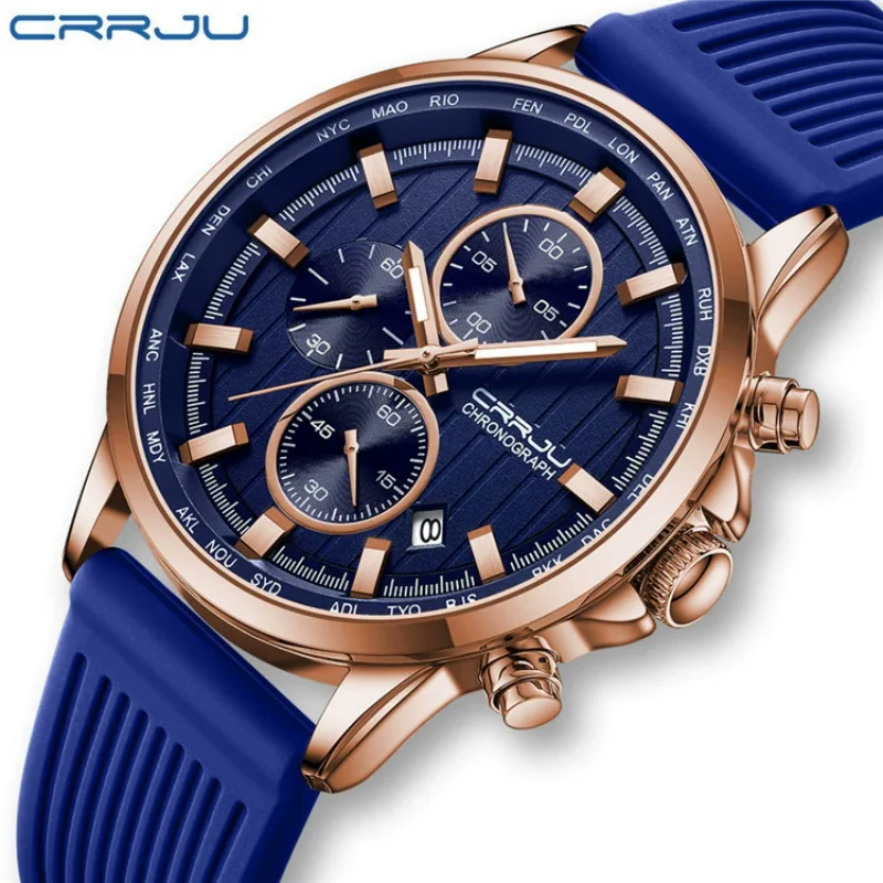 

CRRJU 2315, кварцевые часы для мужчин, многофункциональный светящийся хронограф, календарь, водостойкий силиконовый ремешок, мужские часы reloj hombre