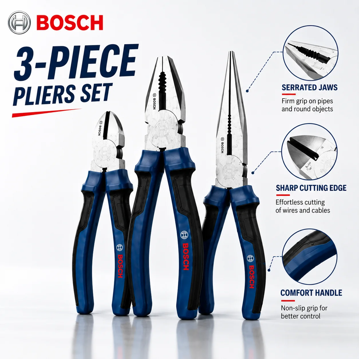 BOSCH 3Pcs Pliers Set Combination Diagonal Cutting Long Nose Pliers Chrome Vanadium Steel Hand Tools for Electrical Repair DIY