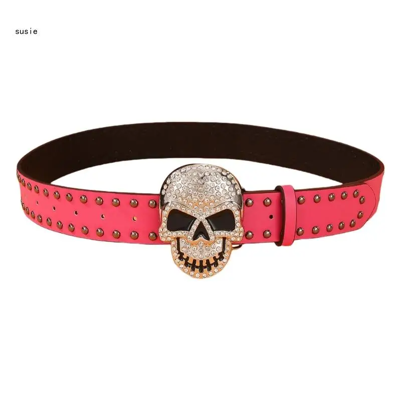 X7YA Rivet Studded Skull Buckle Belt for Adult Teens Street Waistband for Pants Blingbling Waiststrap Rockers Waist Ornament