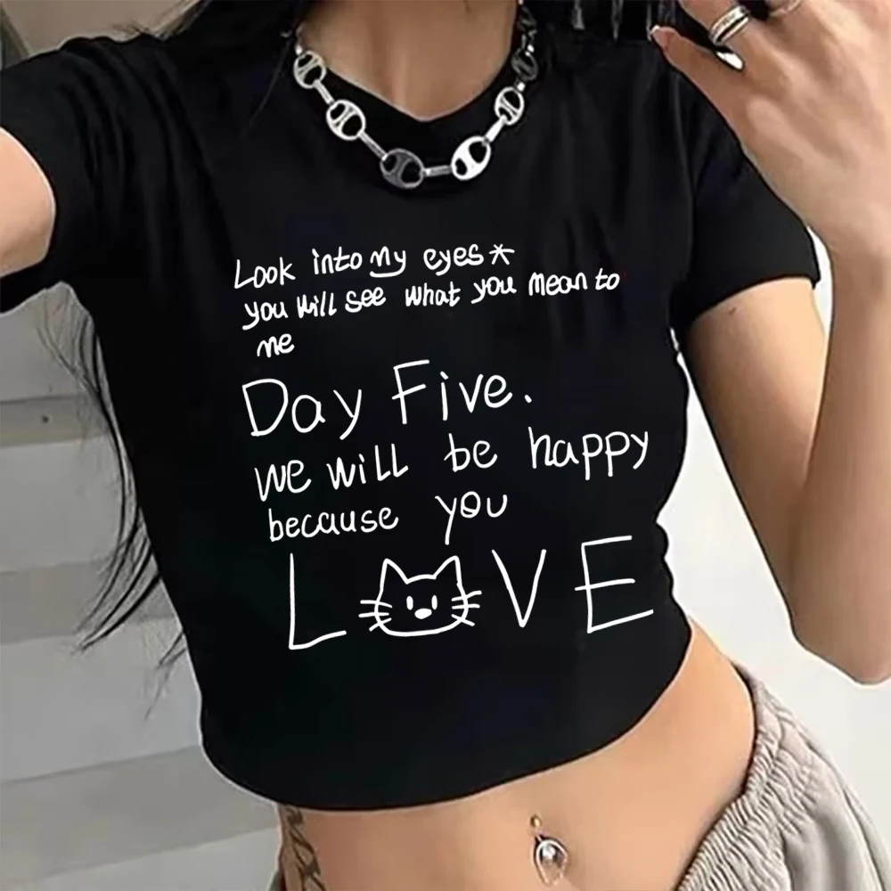 

Cute Cat Love Quote Print T-shirt "We Will Be Happy Because You LOVE" Cat Lover Gifts Tshirts Women's 100% Cotton Crop Tops