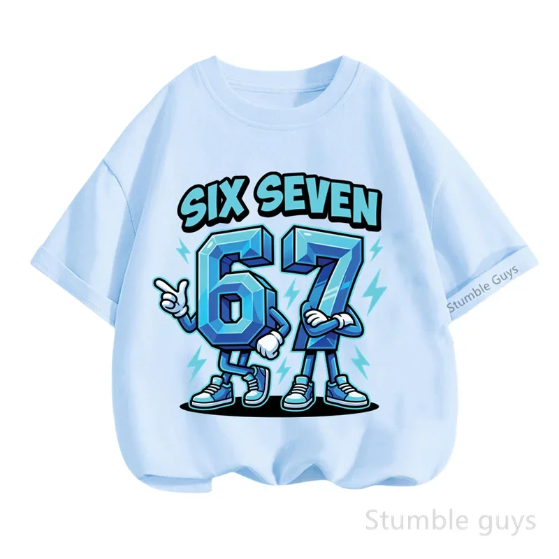 Crystal Facet Stylized 67 Anthropomorphic Figure Lightning Surround Six Seven Text Graphic Red Tee Kids Fashion Outfit